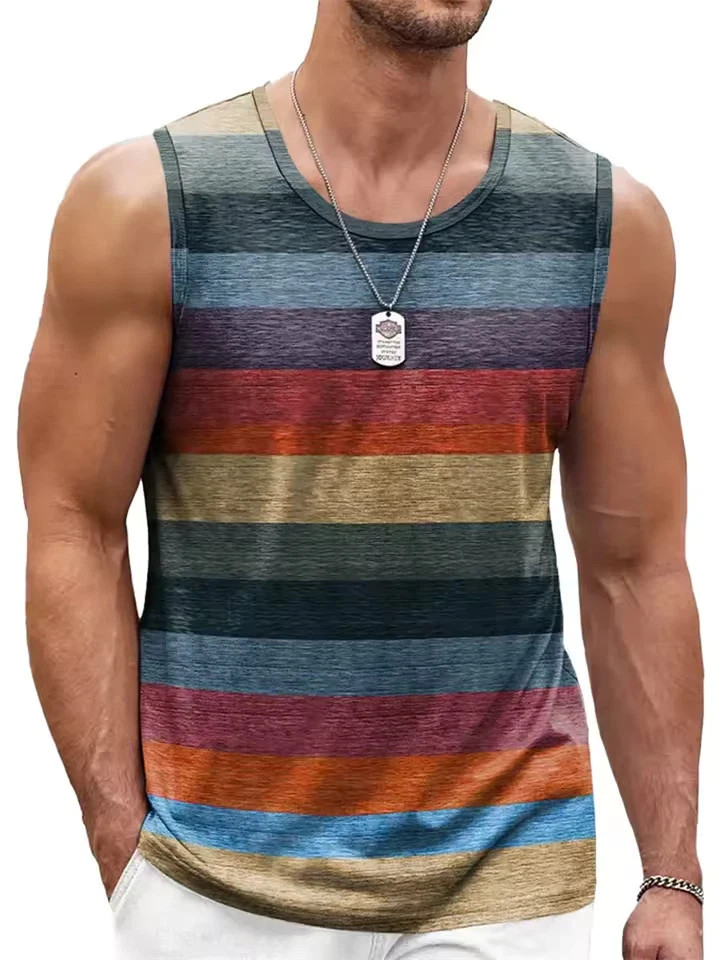 Retro Striped 3D Graphic Tank Top for Men – Sleeveless Quick-Dry Summer Vest