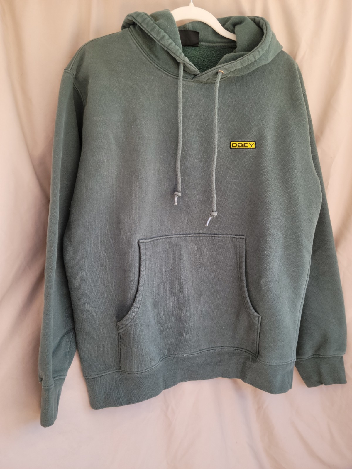 Vtg OBEY Sweater Hoodie Green Embroidered Patch Y2K Skateboarding Streetwear M