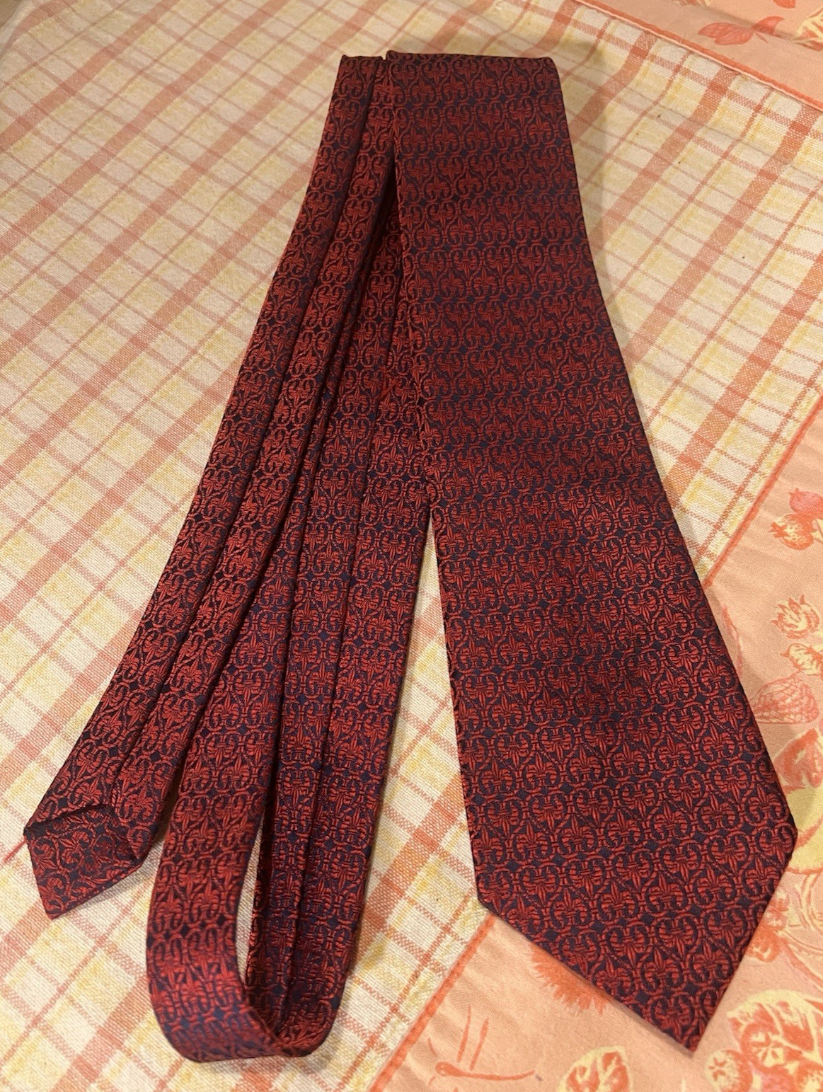 Vintage Trevira Mens Textured Necktie Art Deco Brocade Geometric Red Blue Retro