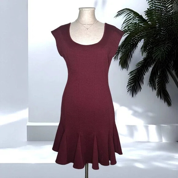 CATHERINE MALANDRINO Peplum Flutter Hem A-Line Dress Maroon Scoop Neck 4