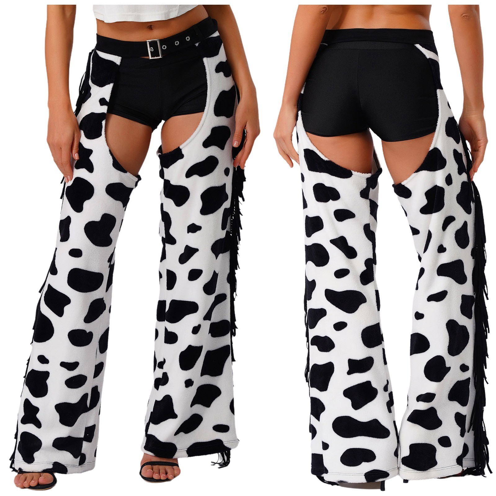 US Womens Cowboy Chaps Cow Print Trouser Halloween Western Tassel Chaps