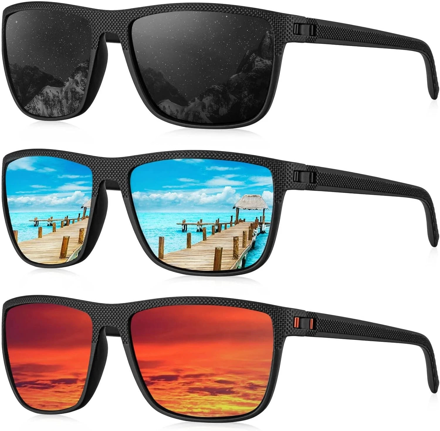 Polarized Sunglasses for Men, Medium, (3 Pack) Black/Ice Blue/Red