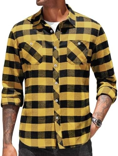 Coofandy Men’s Flannel Plaid Shirts Mens Long Sleeve Casual Button Down Shirt