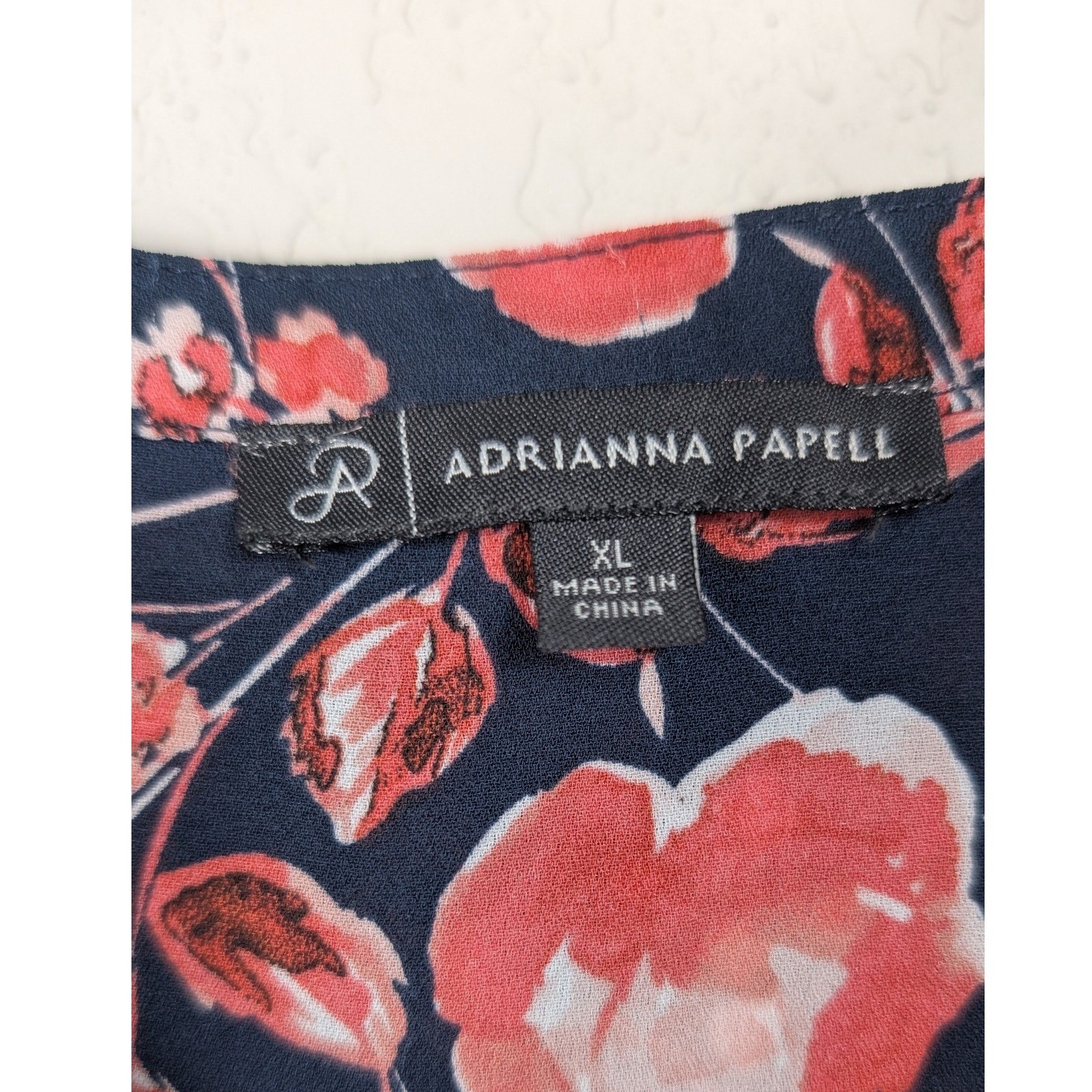 Adrianna Papell XL Blouse Floral Print Long Sleeve Split Neck Top Navy Blue Pink