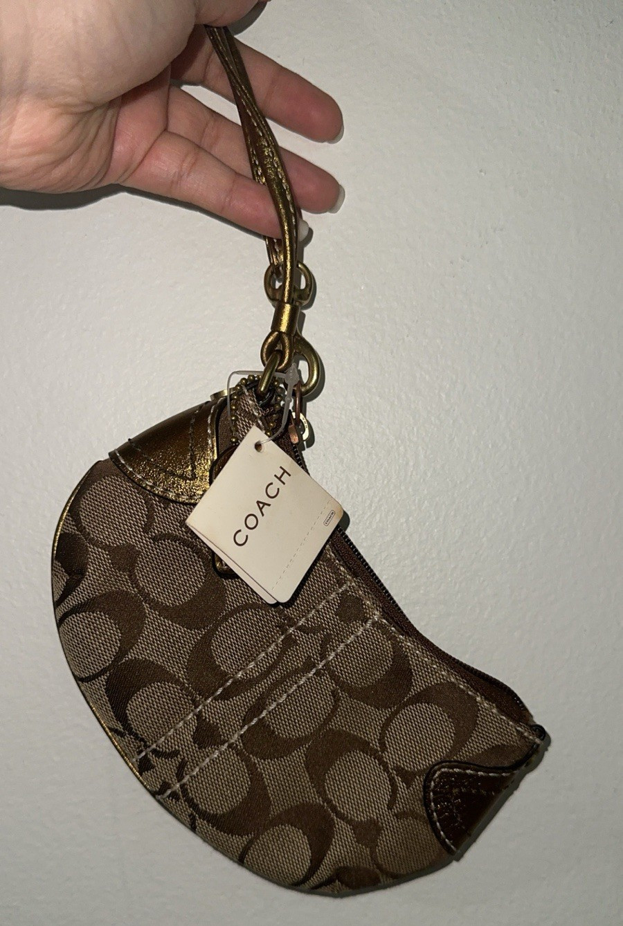 Coach Signature C Logo Zip Wristlet Pouch Brown/Beige Gold Wrist Strap