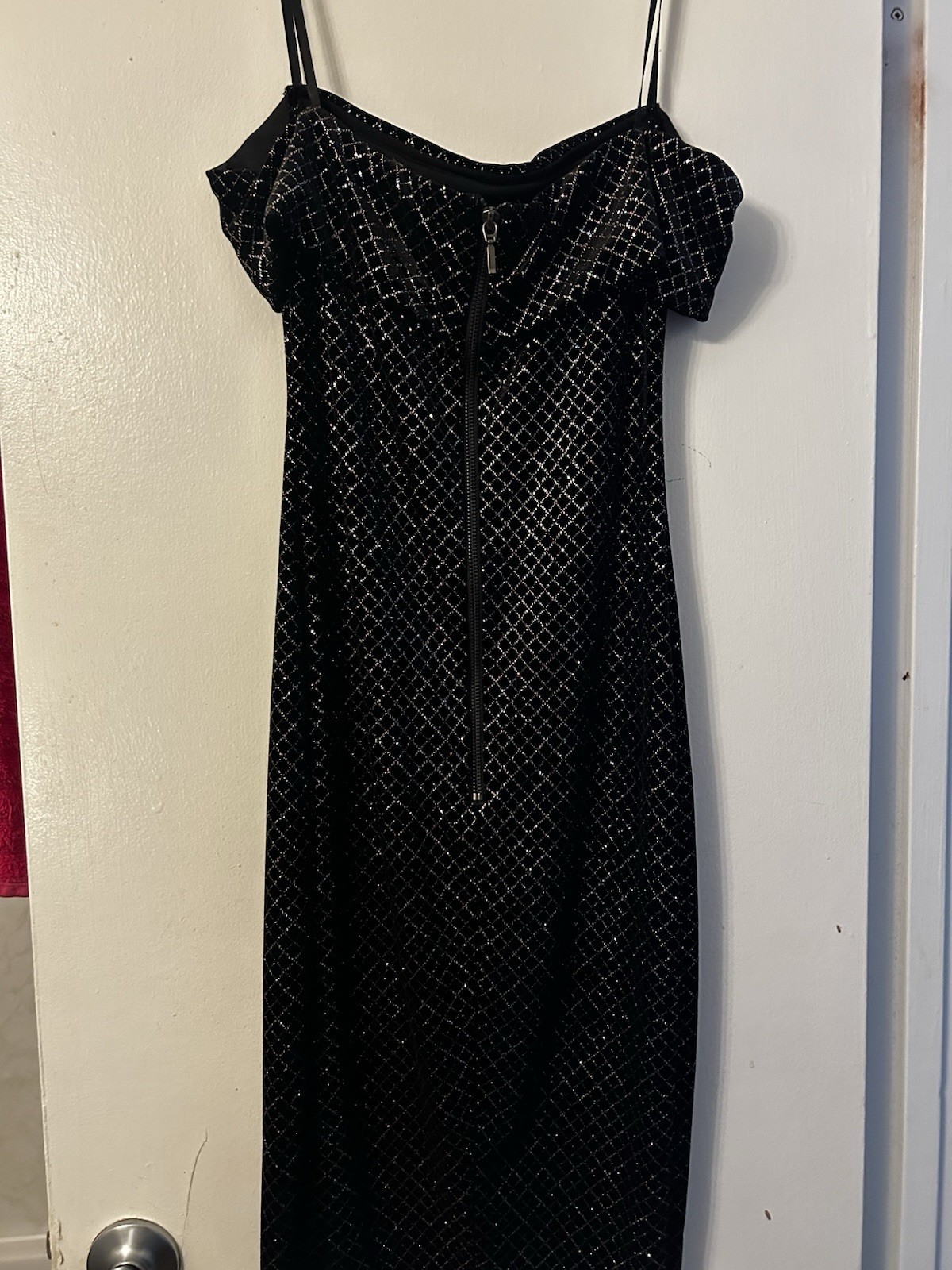 Rebecca B Black Sparkly Grid Cocktail Dress Spaghetti Strap Back Zip Size 6