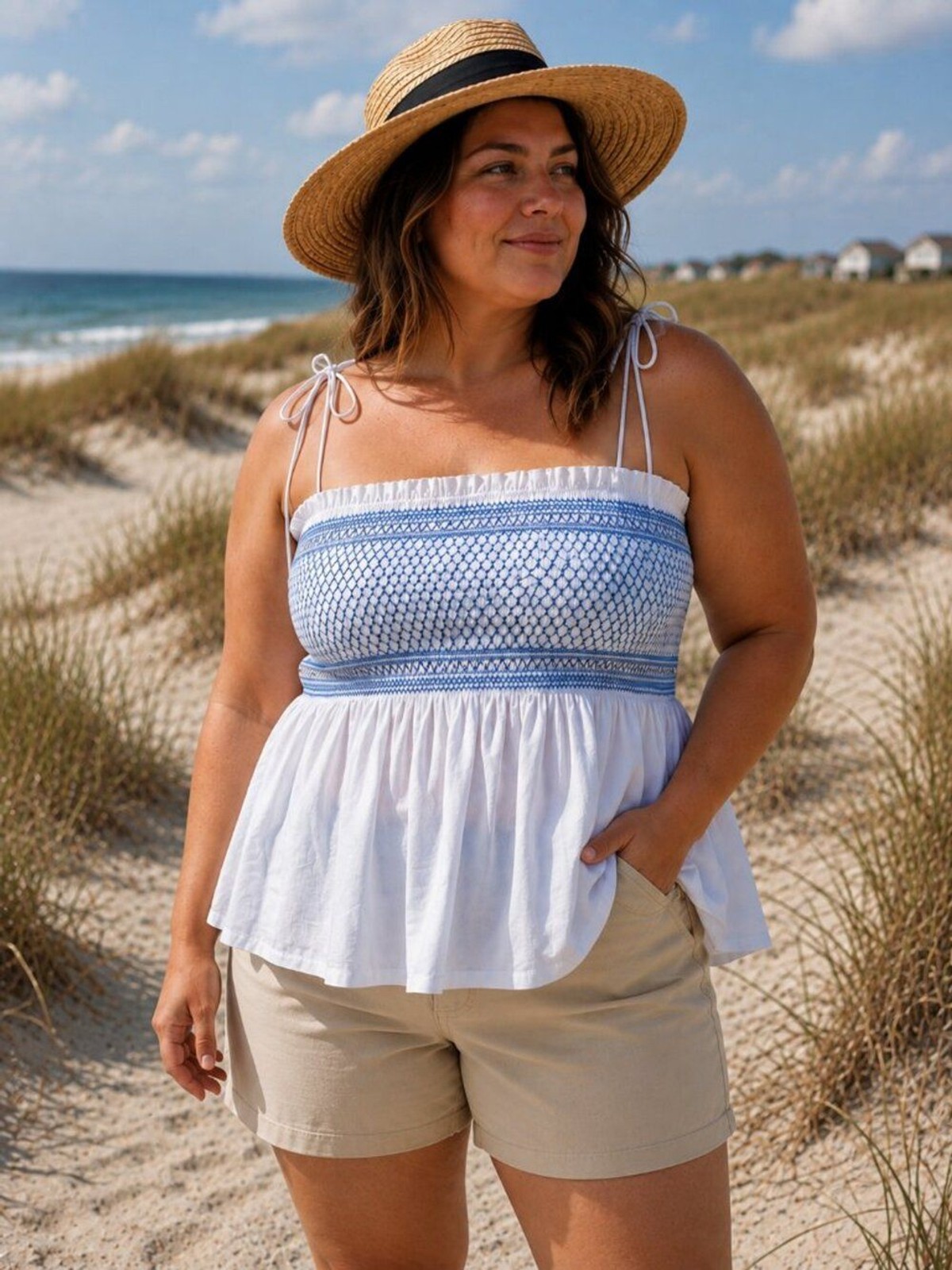 J.Crew NWT Women’s Smocked Embroidered Peplum Flowy Top White Blue Tie Strap XL