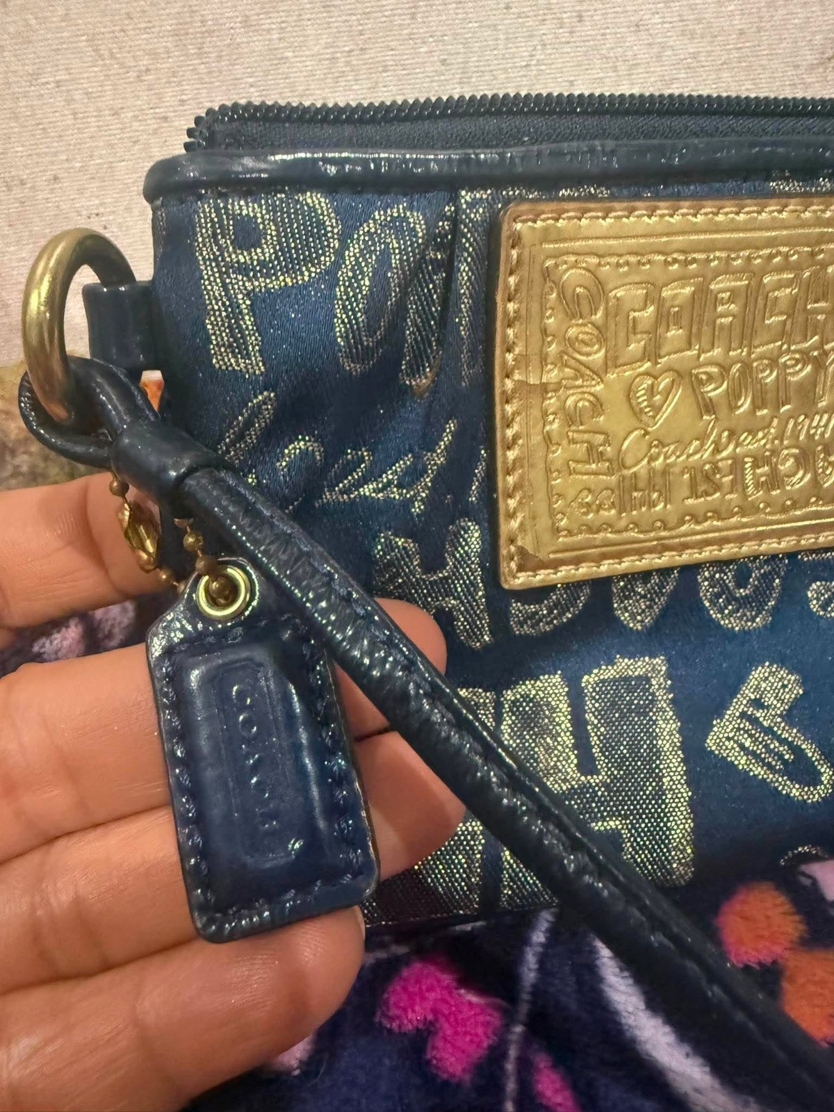 Coach Poppy Wristlet Small Wallet Pouch Blue Gold Leather Trim Canvas 0030