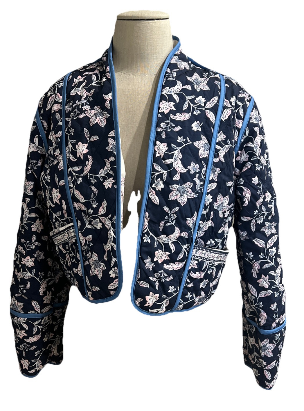 Reversible Quilted Jacket Cropped Sz MED* Navy Blue Floral Ivory/Pink
