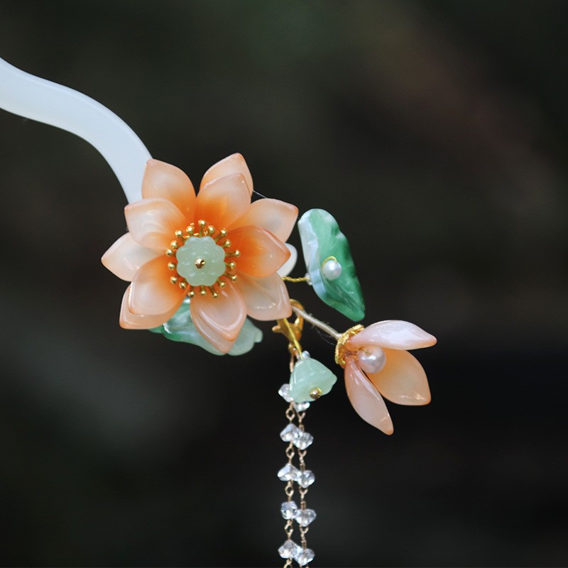 White Lotus Tassel Hairpin Traditional Chinese Hair Stick Hair Accessories Hanfu