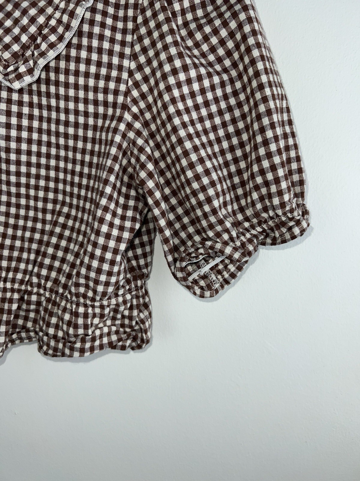 Hesperus Brown Gingham Peter Pan Collar Crop Blouse Ruffle Cotton Women’s S