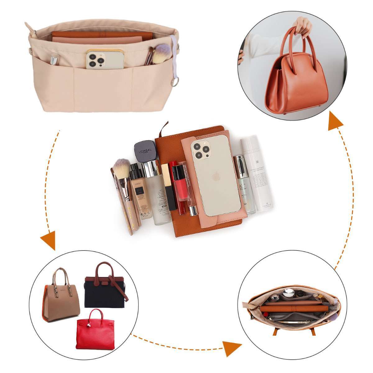 Multi Pockets Purse Organizer Insert with Zipped Top for Tote Bag Handbag Shaper