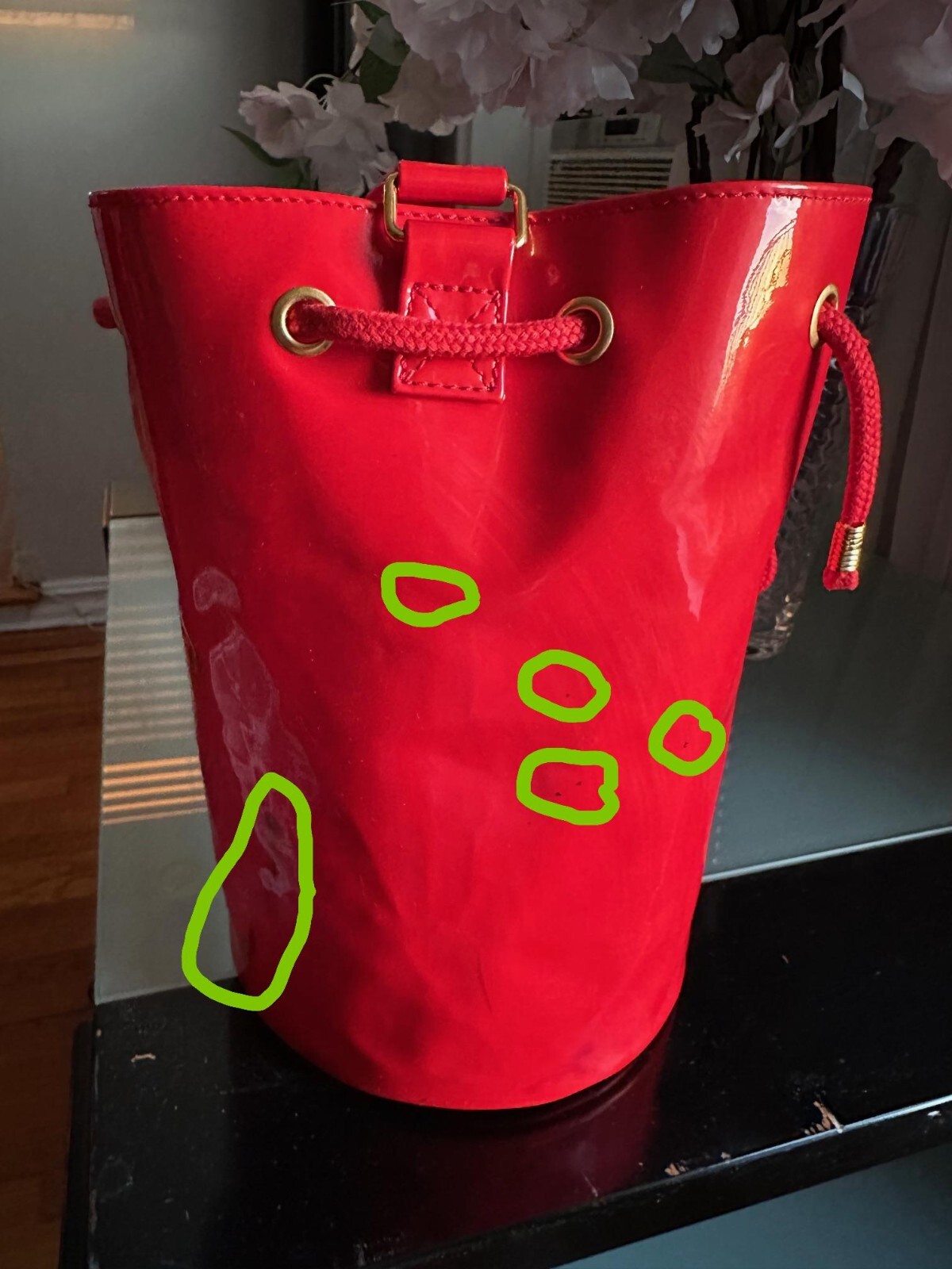 PRE-OWNED MOSCHINO BUCKET HANDBAG MADE IN ITALY BY REDWALL COLOR RED PVC PATENT
