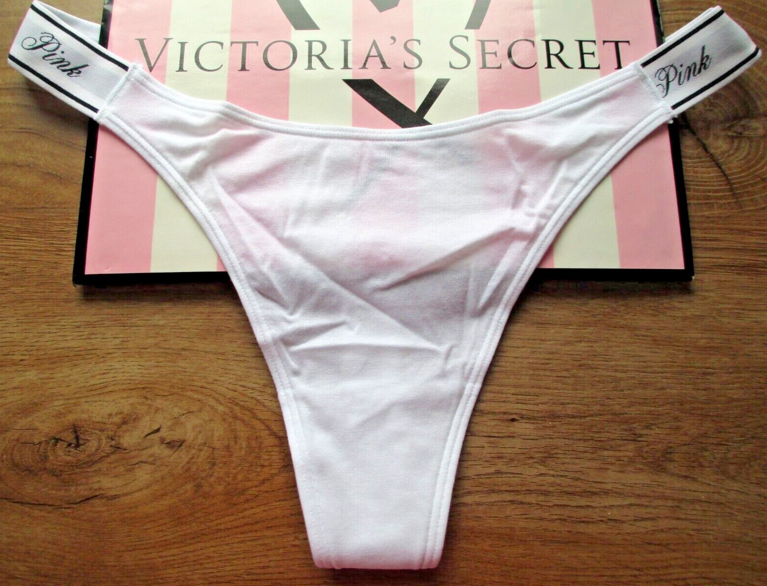 VICTORIA’S SECRET PINK Cotton Logo High Leg Thong Panty S M L XL White NWT VS
