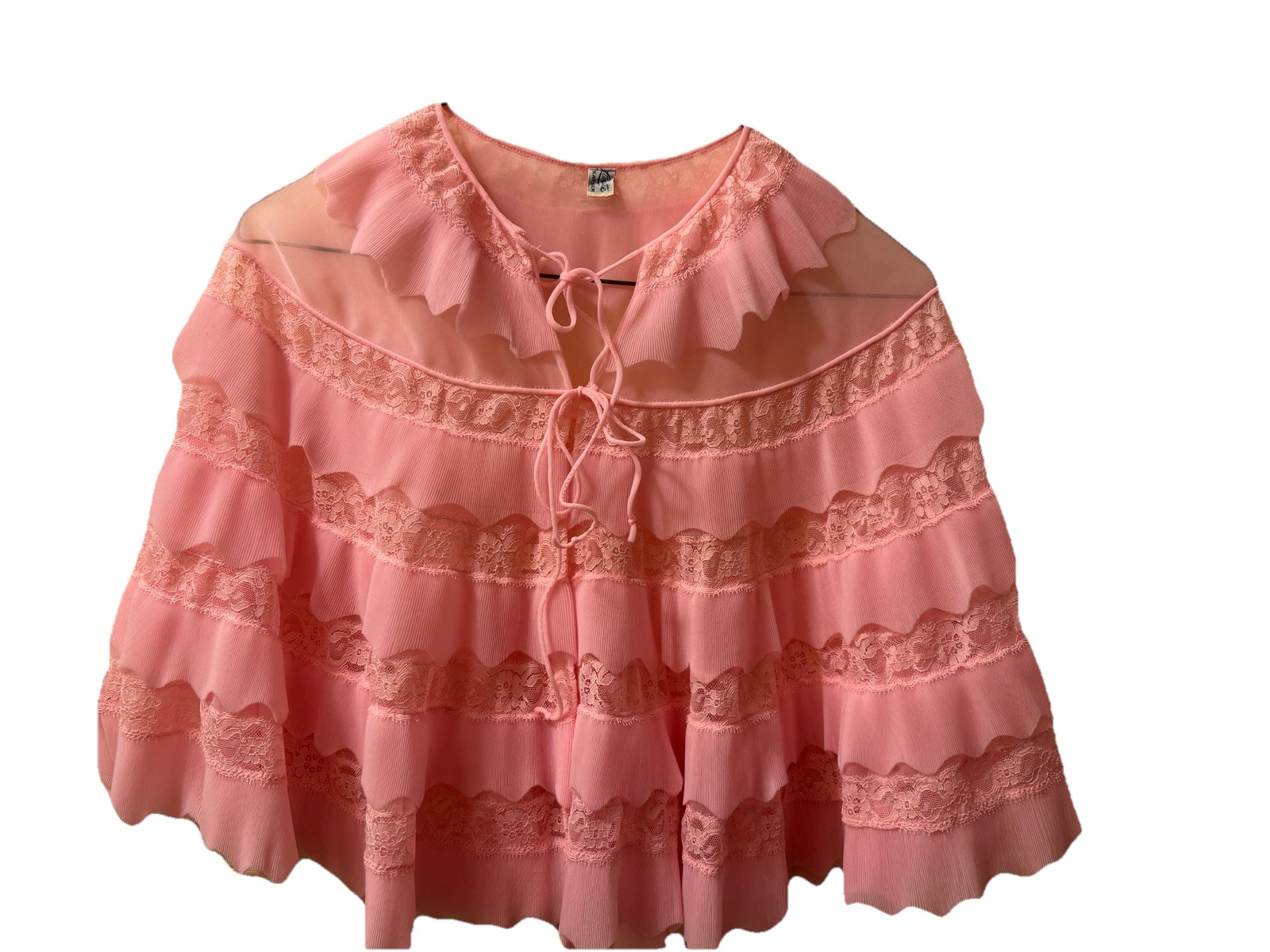 Vintage 50s Kaiser Luxite Pink Sheer Nylon mini pleated lace Ruffle Frilly Shawl