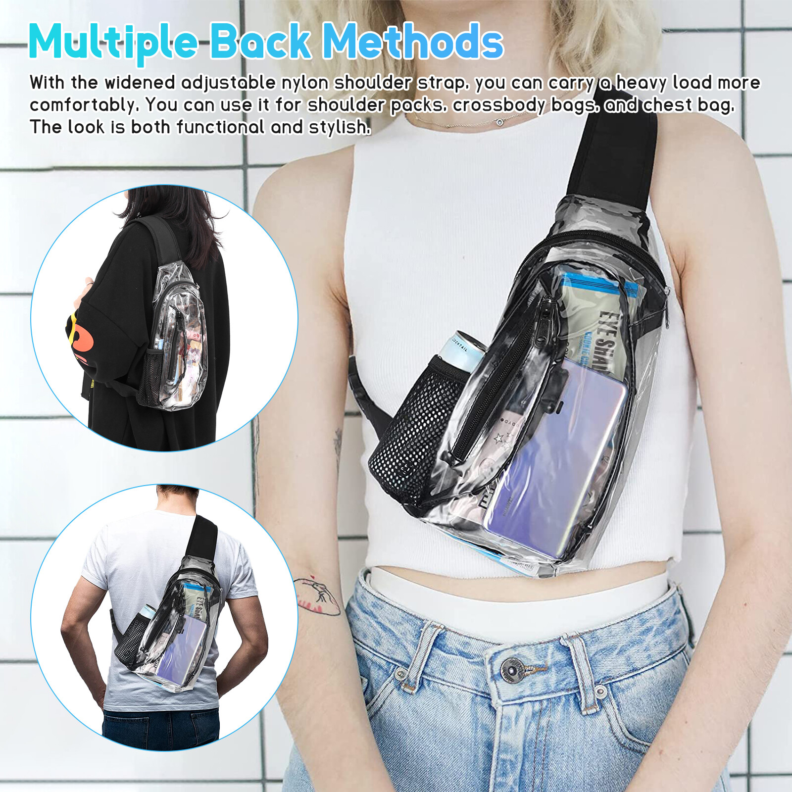 Clear PVC Sling Bag Transparent Stadium Shoulder Crossbody Chest Pack Adjustable