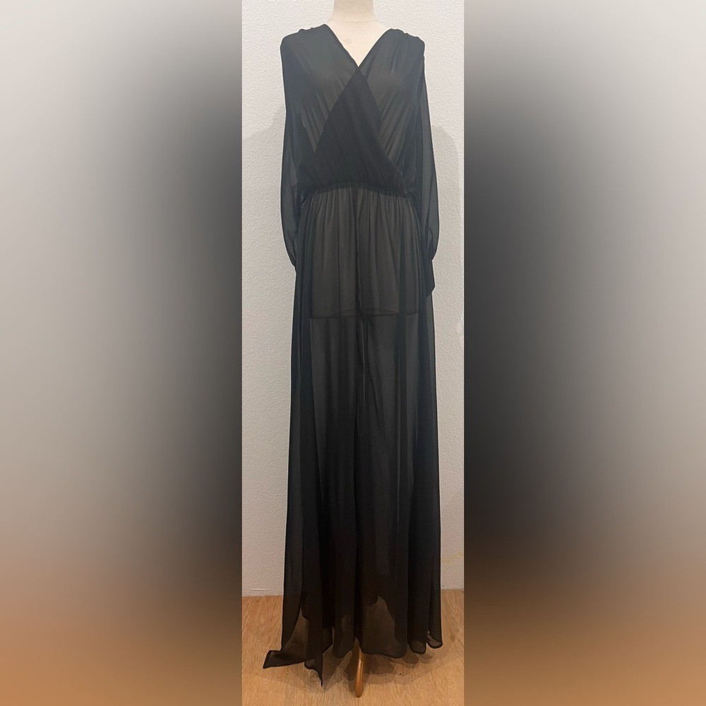 Miss Ord Black Sheer Long Sleeve High Slit Women’s Maxi Cover Dress.