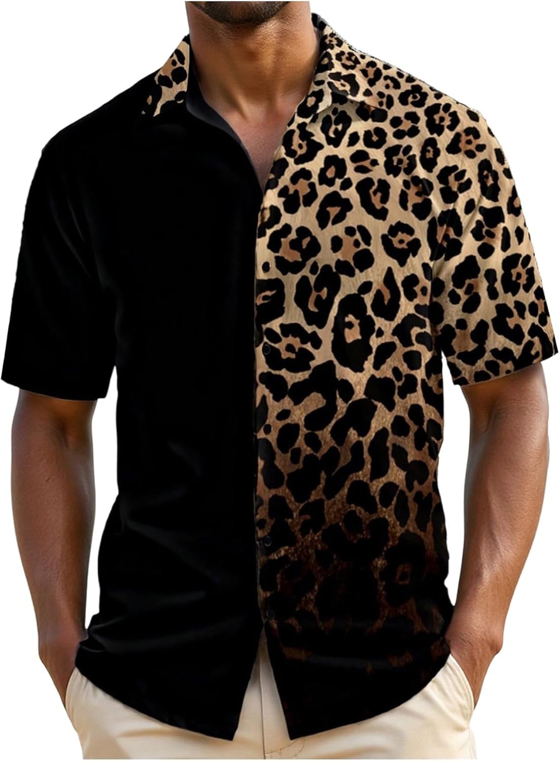 Mens Leopard Print Short Sleeve Button Down Shirt Cheetah Summer Casual Trendy T