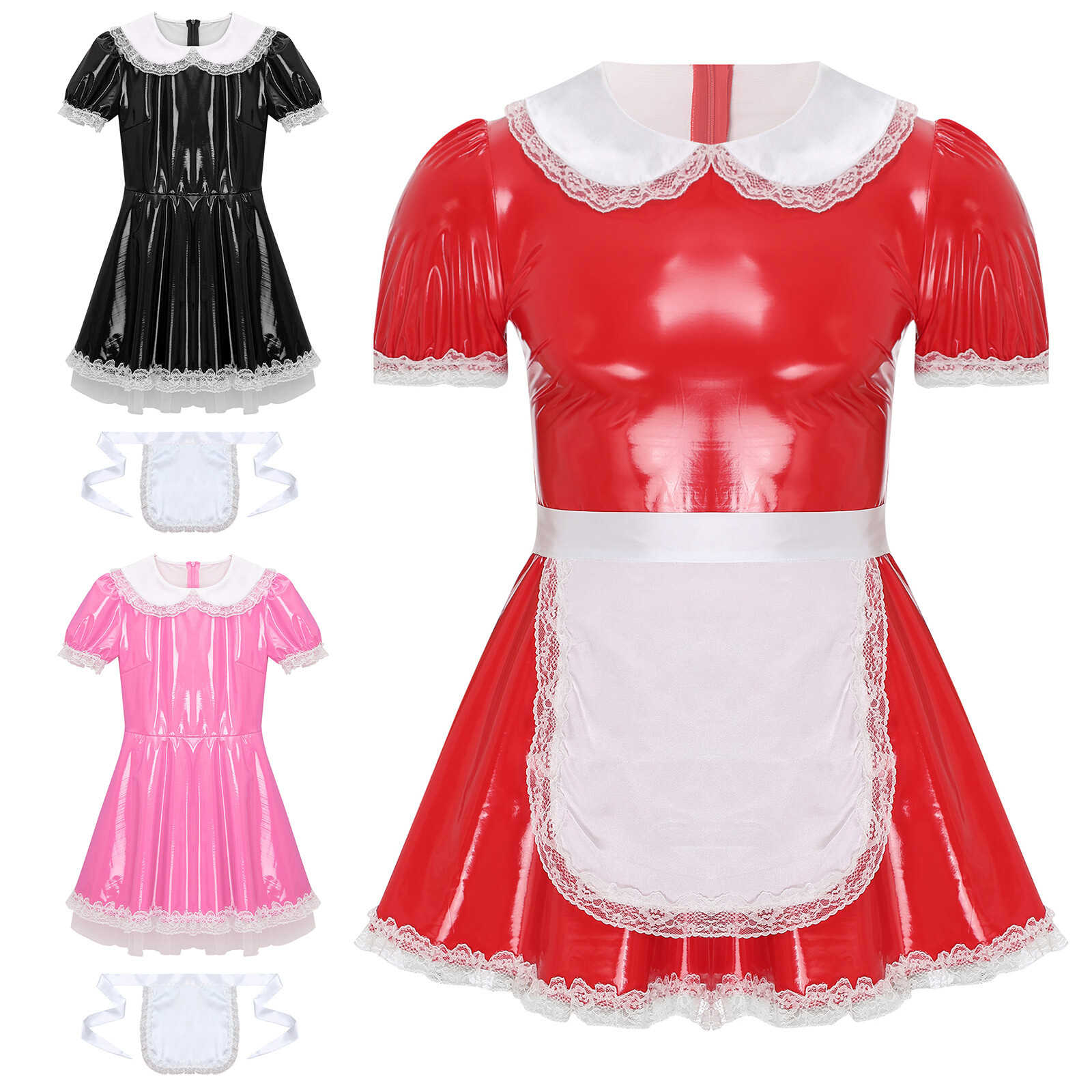 Mens Cosplay Stage Maid PVC Leather Dress Party Clubwear Back Zipper Uniform