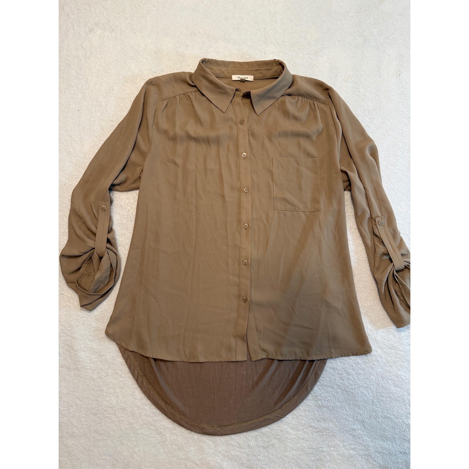 Pleione Tan Mixed Media Roll Tab Sleeve Button Down Blouse Large WAQ509072