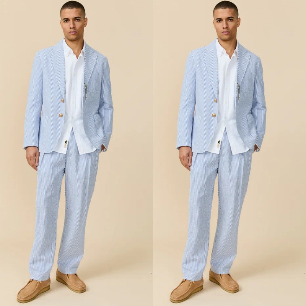 Sky Blue Seersucker Men Suits Evening Party Prom Wedding Tuxedos Men Blazers