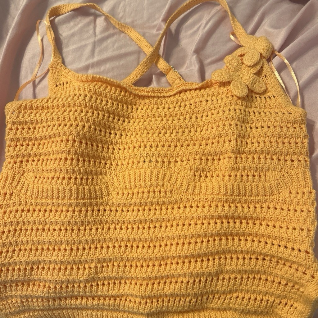 Yellow Cotton Crochet Camisole Tank Top Square Neck Spaghetti Straps Flower S