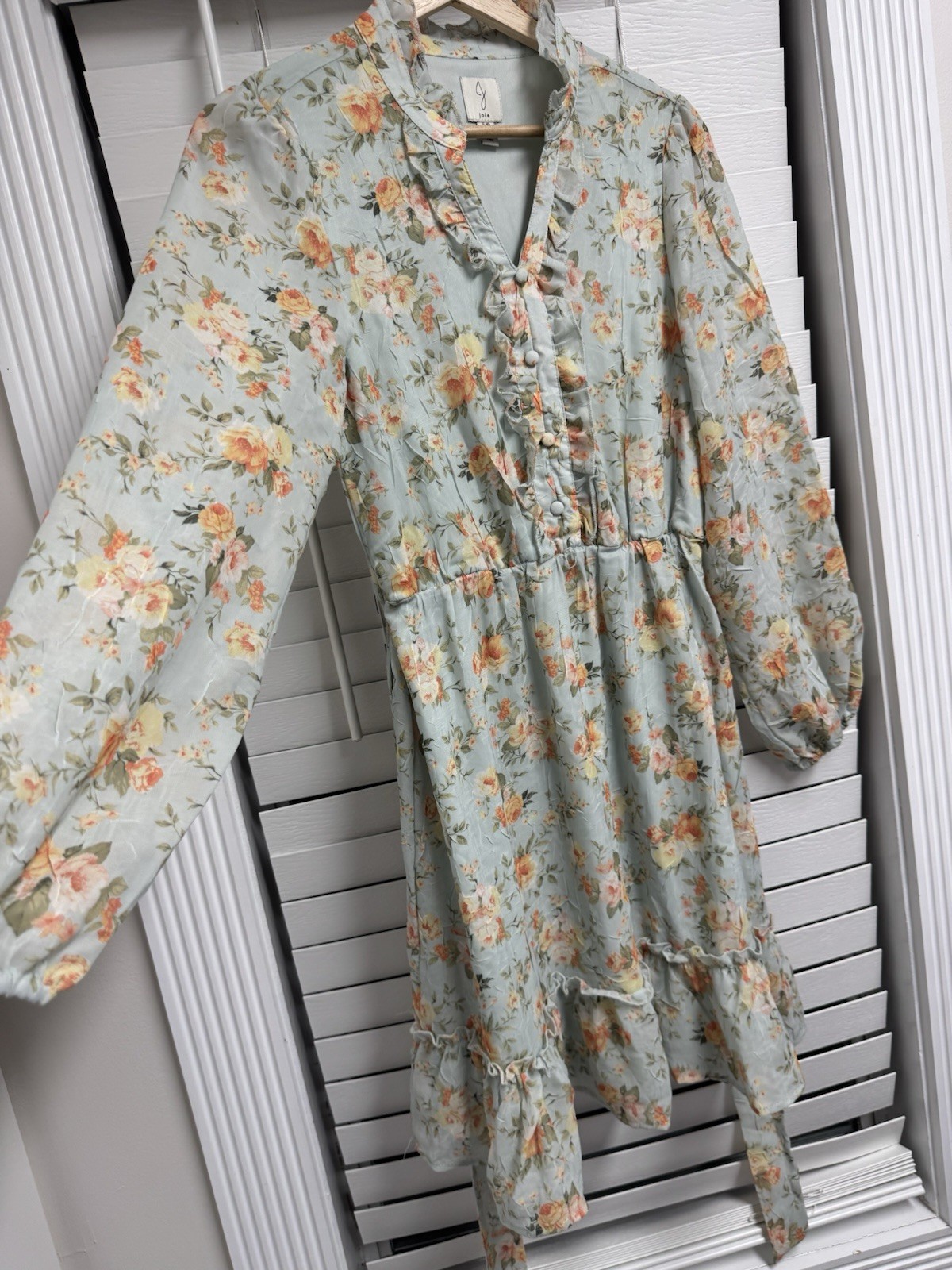 Joie Womens Green Floral V-Neck Long Sleeve Chiffon Ruffle Tie Mini Dress S