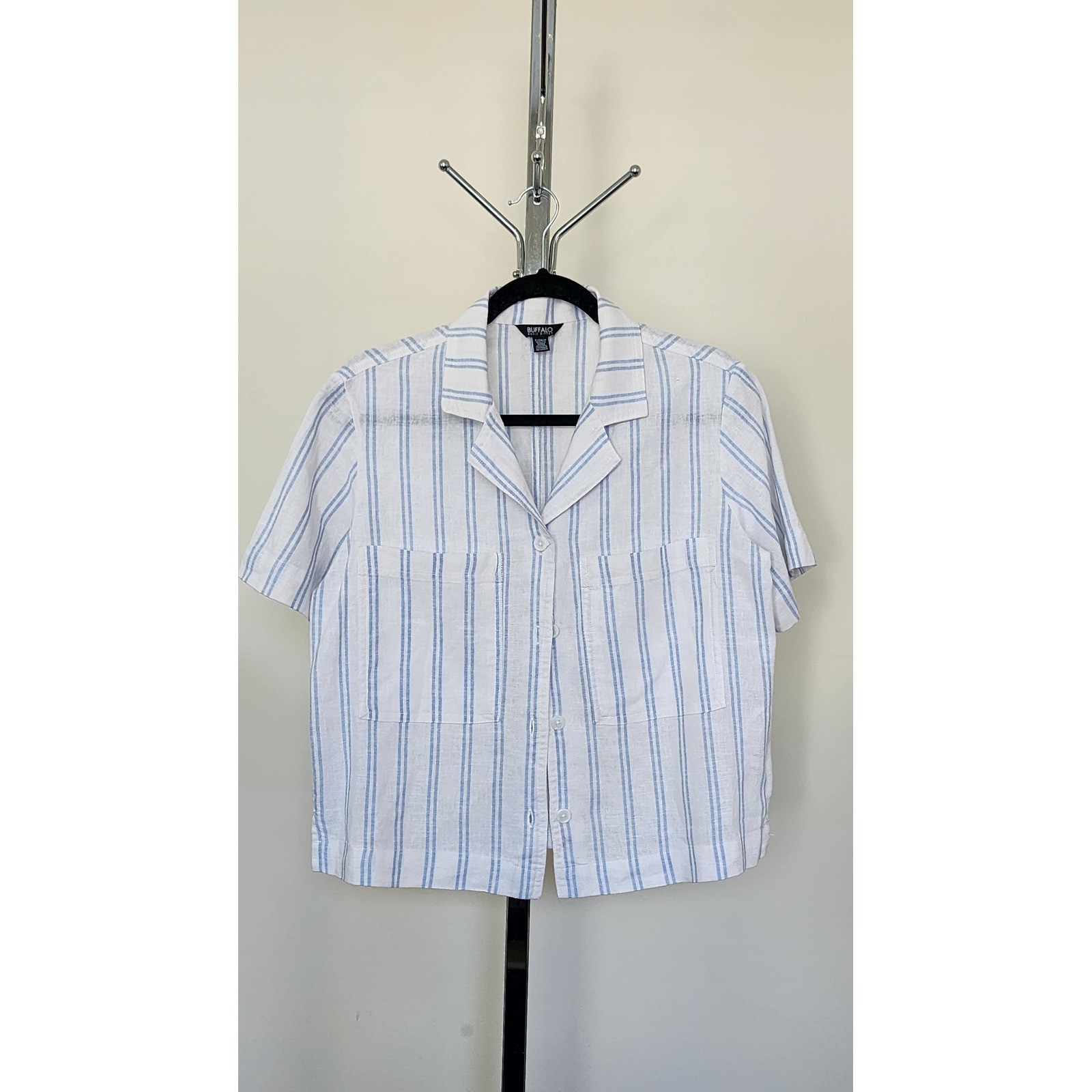 Buffalo David Bitton Womens Linen Blend Striped Short Sleeve Camp Shirt Blue S