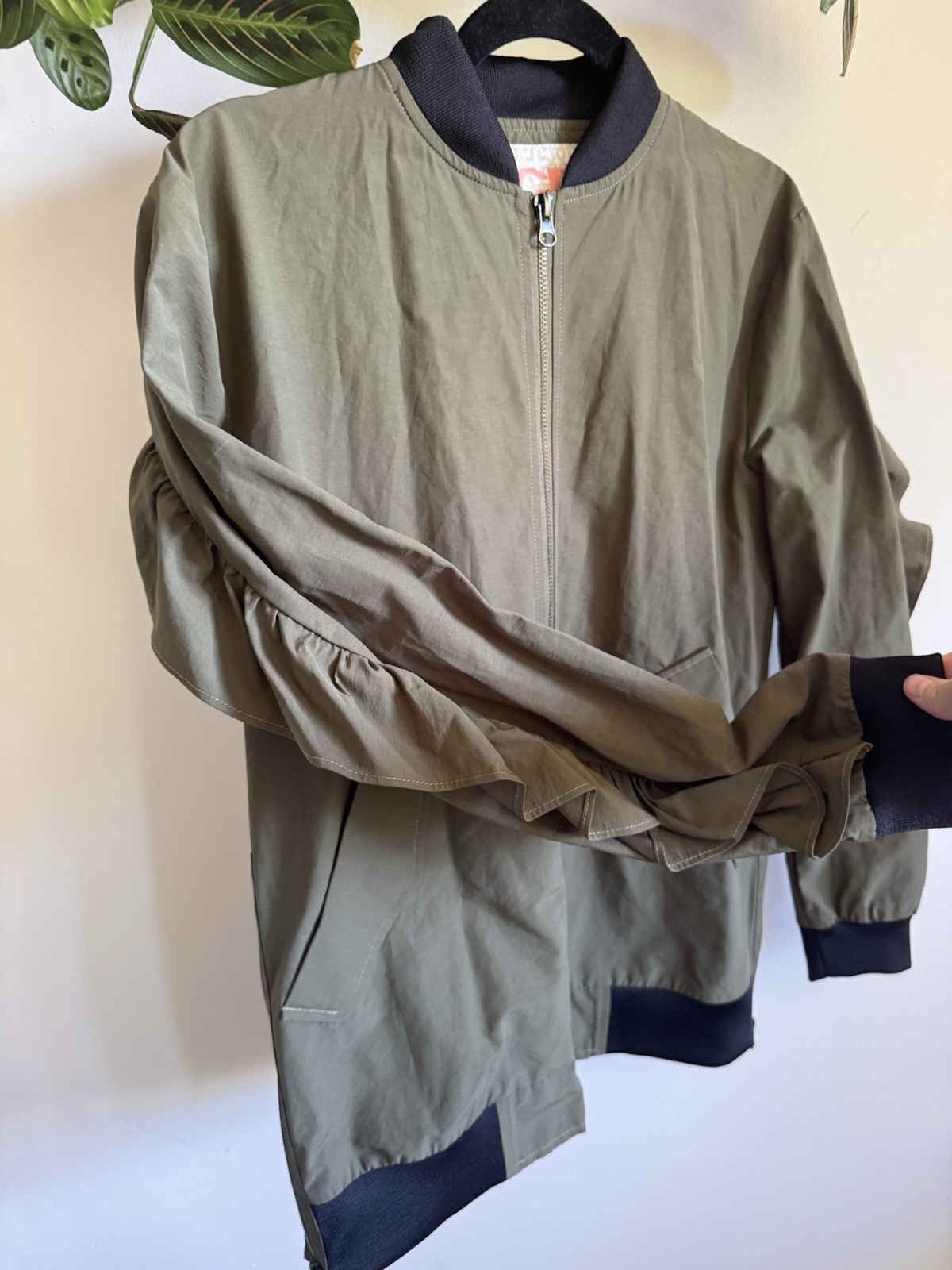 Gianni Bini GB Olive Green Ruched Ruffle Sleeve Full Zip Bomber Jacket