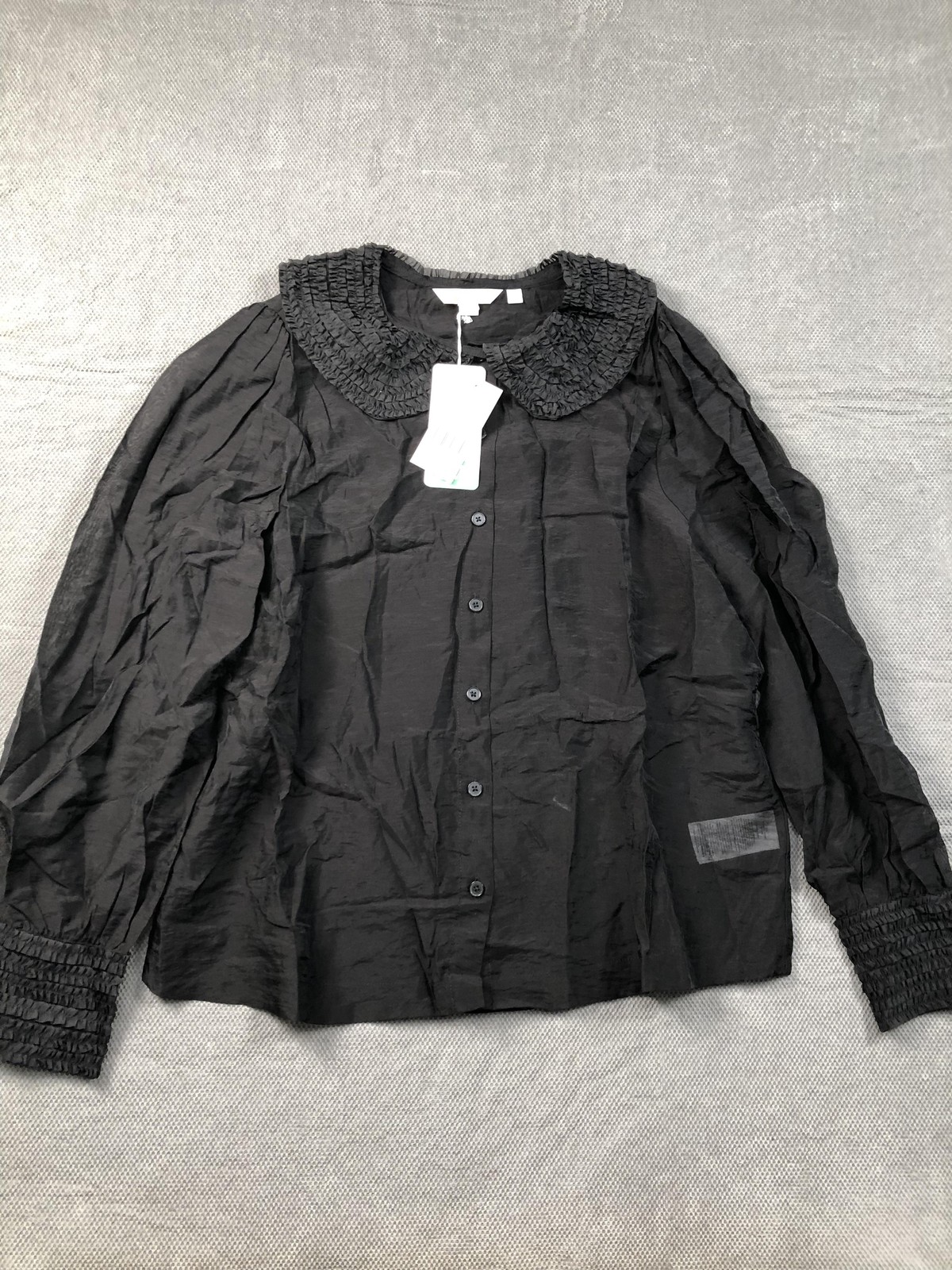 Boden Blouse Womens 10 Black Collared Long Puff Sleeve Sheer Woven NWT