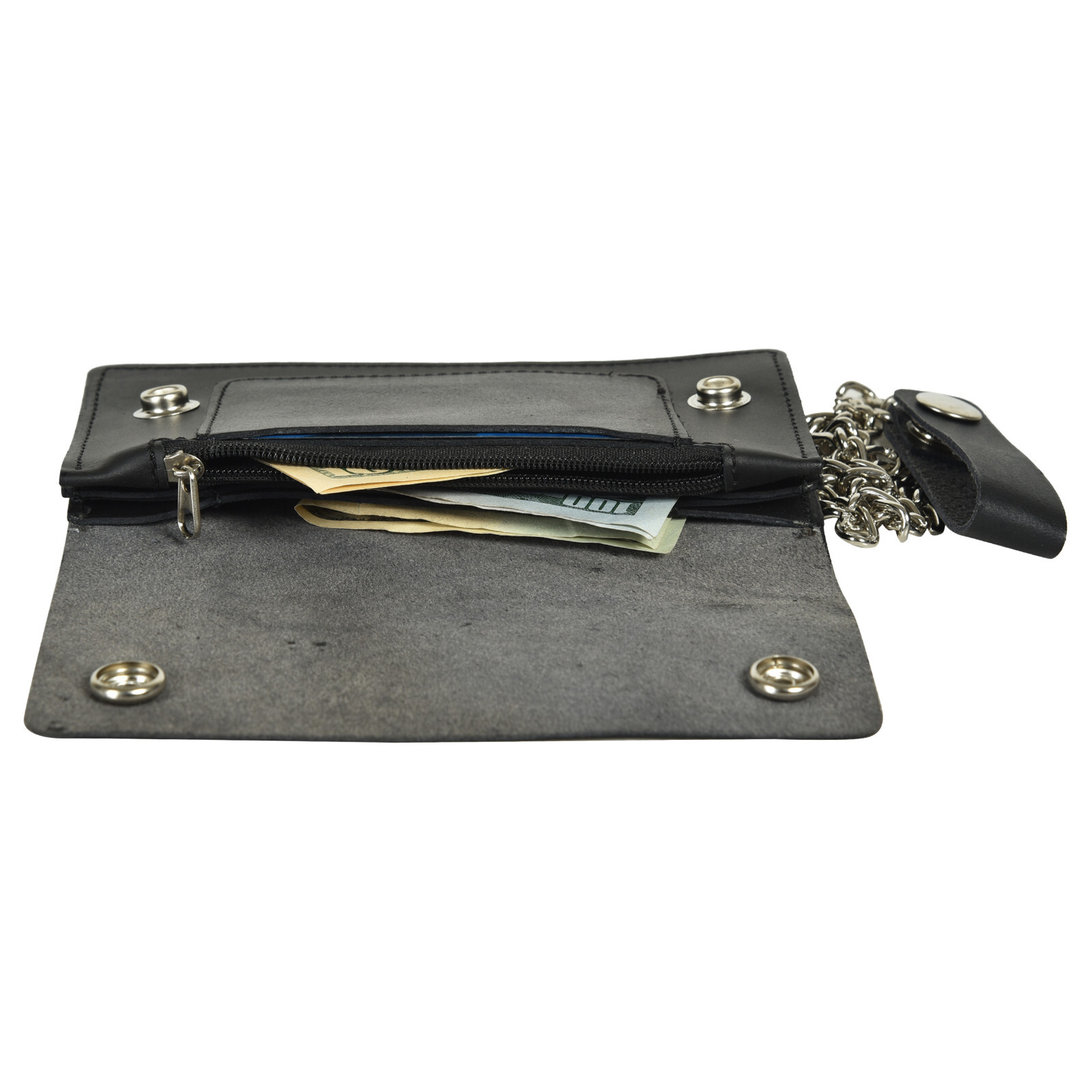 Black Genuine Leather Motorcycle Trucker Biker Chain Wallet With Inside Zipper