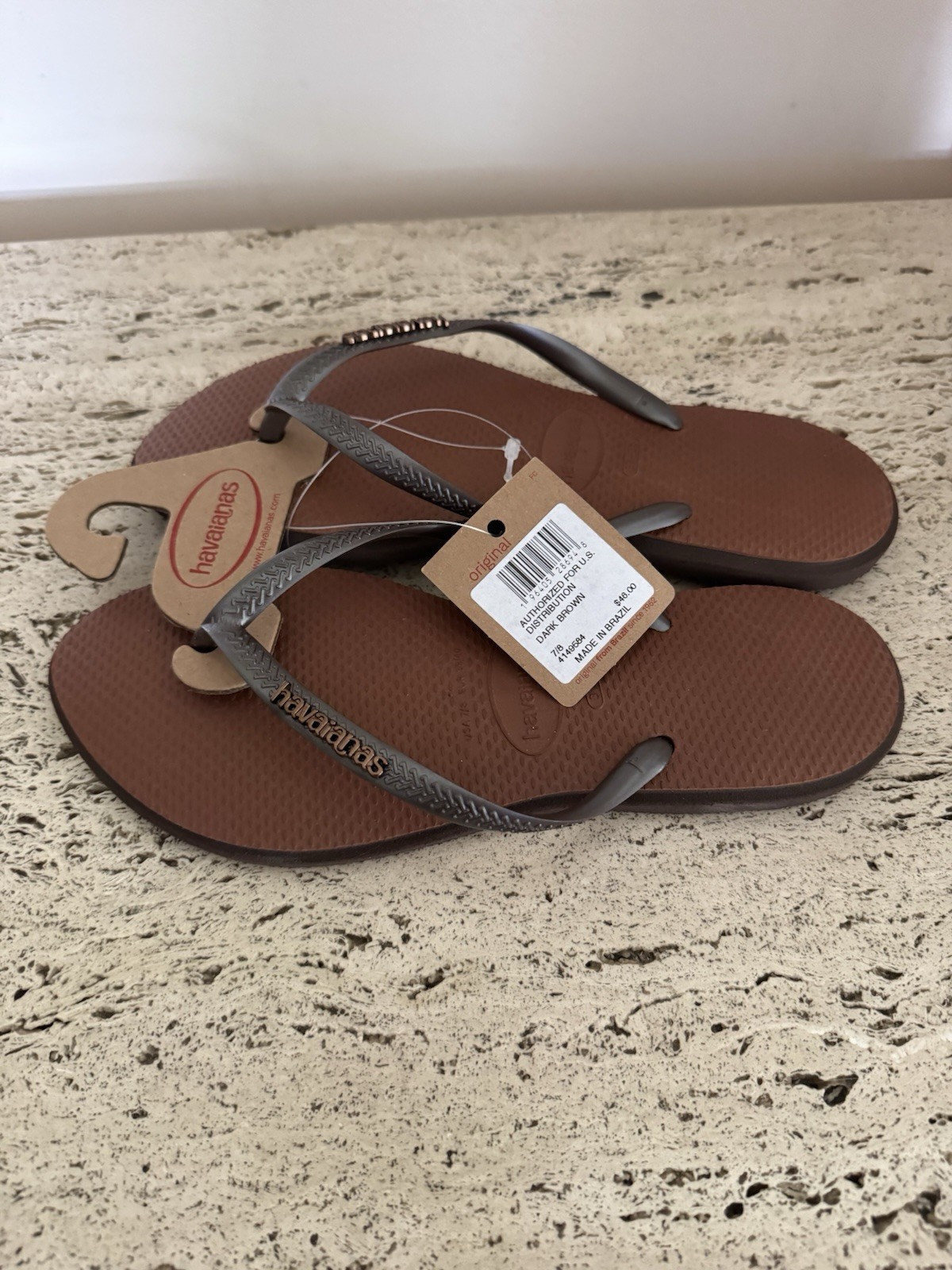 Havaianas Slim Point Flip Flops in Dark Brown. Size 37-38. MSRP $46