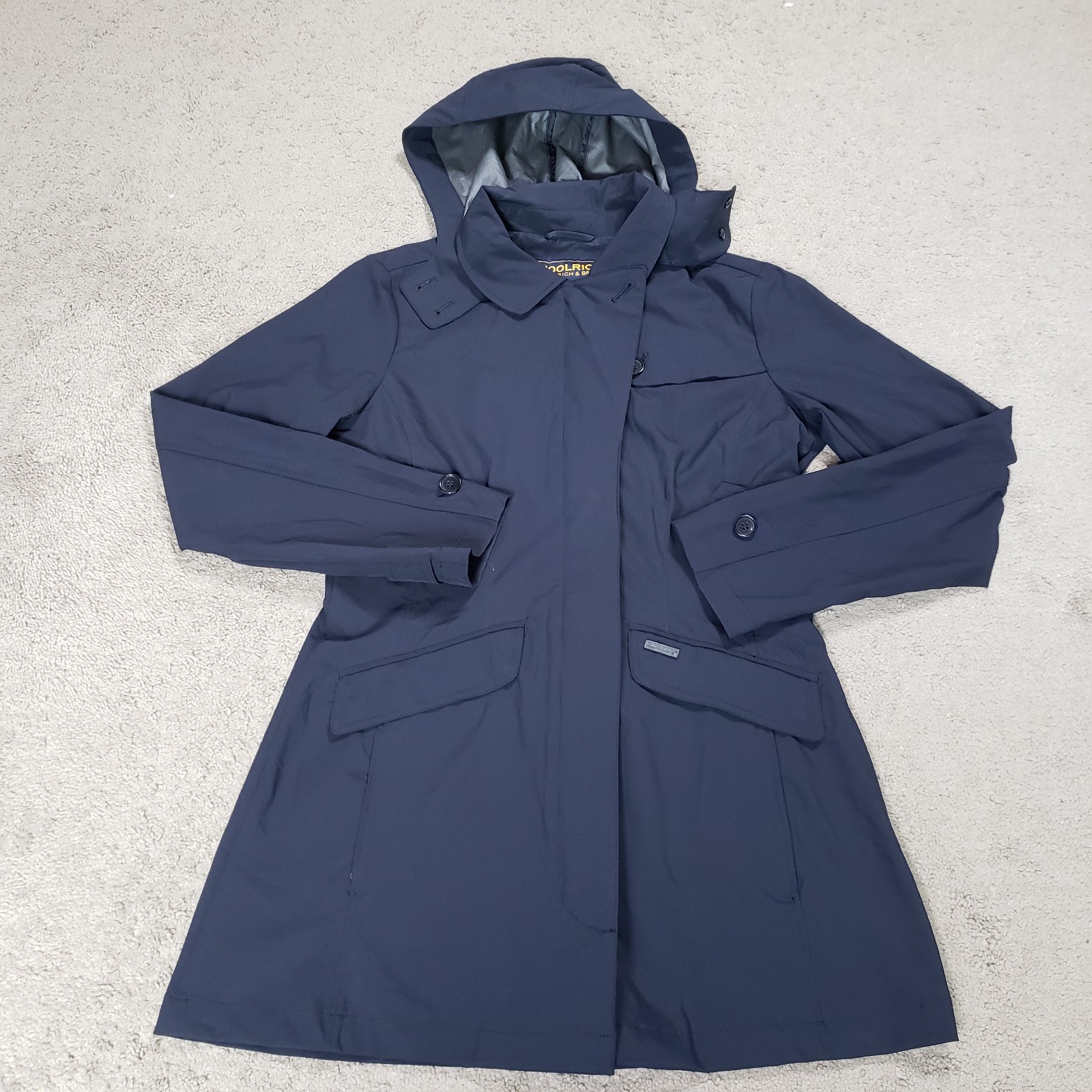 Woolrich Fayette Tech Trench Coat Womens Large L Black Waterproof Hooded Rain