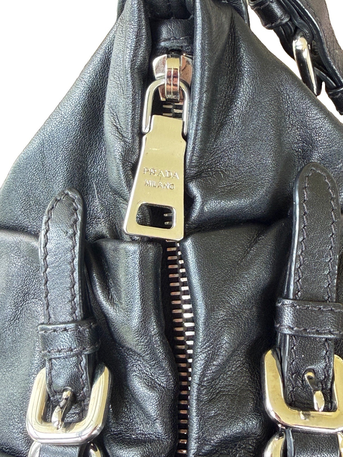 PRADA Black Crescent Shoulder Hobo Bag Zip Silver Hardware Logo Strap Pockets