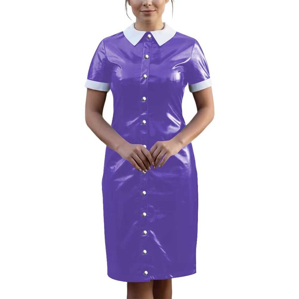 Vintage Wetlook PVC Leather Party Uniform Club Vestidos Bodycon Midi Dress