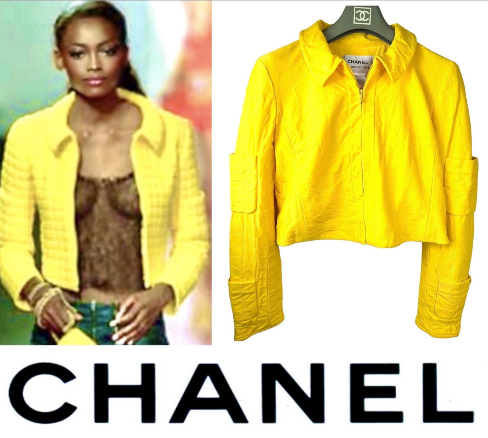 Chanel Vintage 2000 Yellow Jacket 36 38 40 4 6 8 Coat Top Black CC Op Taylor S M