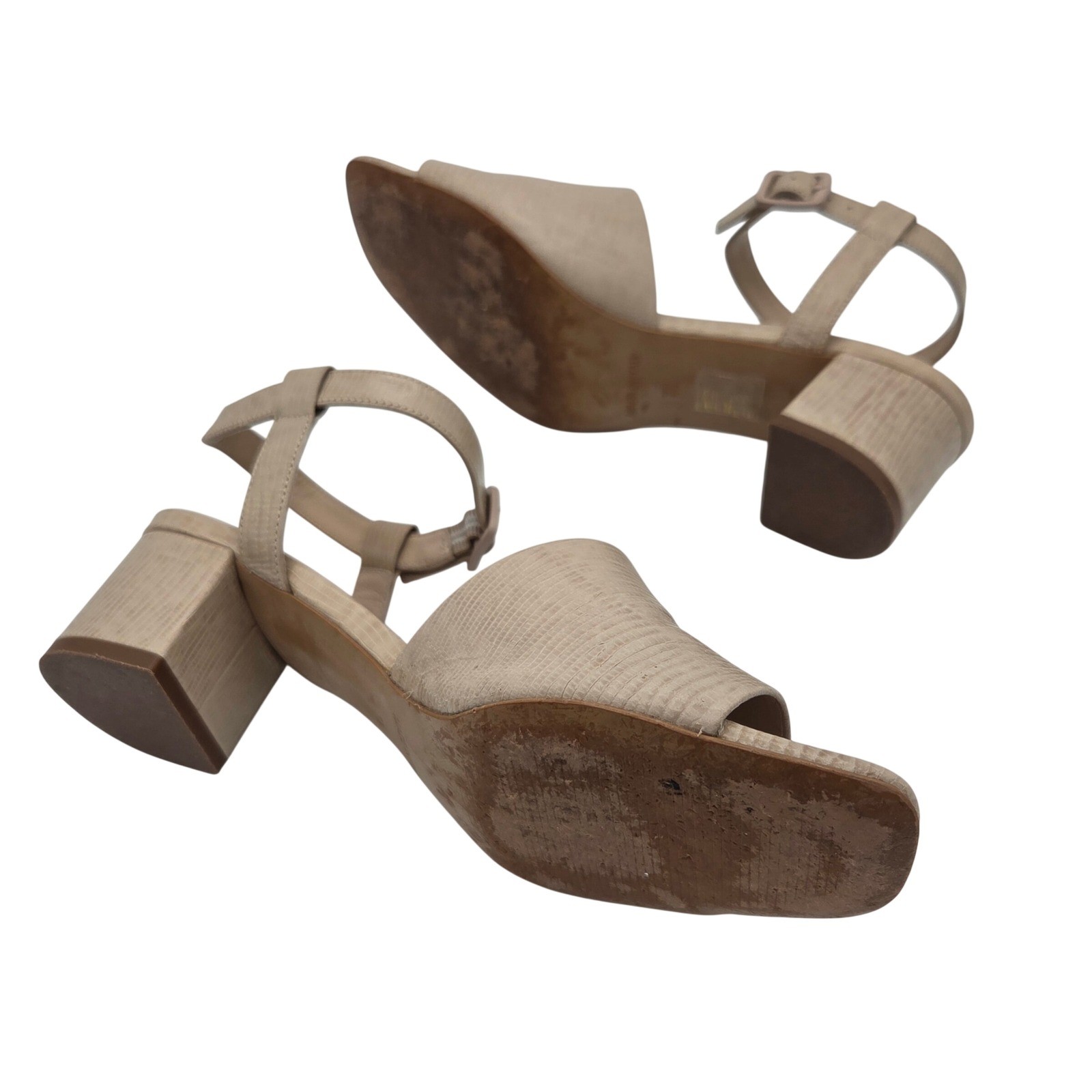 Everlane Lizard Embossed Leather Block Heel Sandals Beige Ankle Strap Made Italy