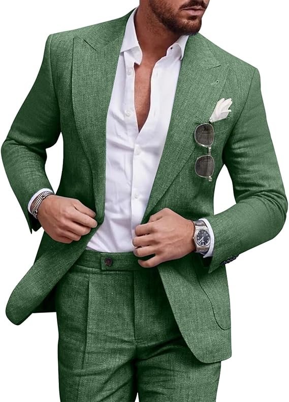 Linen Men’s Suit Set Casual Tuxedo 2 Piece Regular Fit Blazer One Button Jacket
