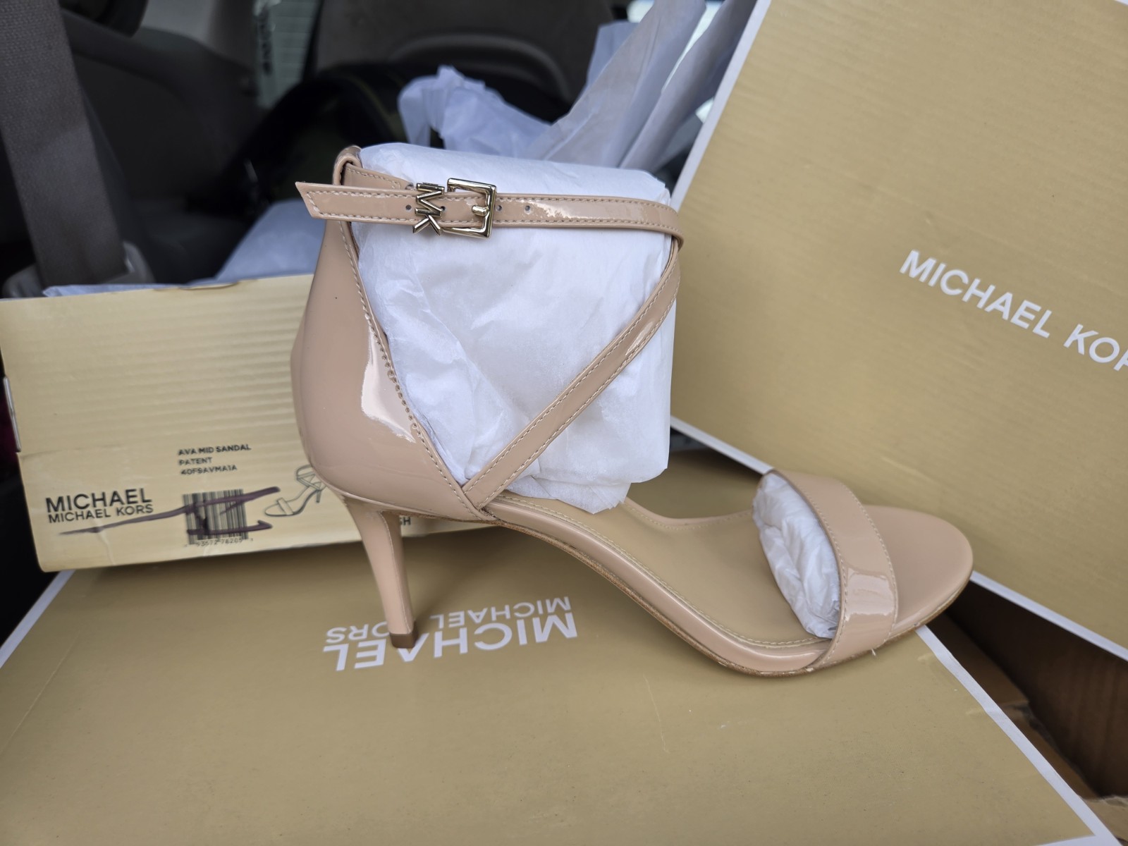 MICHAEL KORS Ava Patent Leather Strappy Sandal Heels Size 7.5M Light Blush NIB