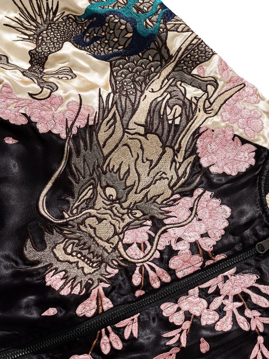 Japanese Embroidered Sukajan Reversible Bomber Jacket 3XL Black Ivory DH-S007