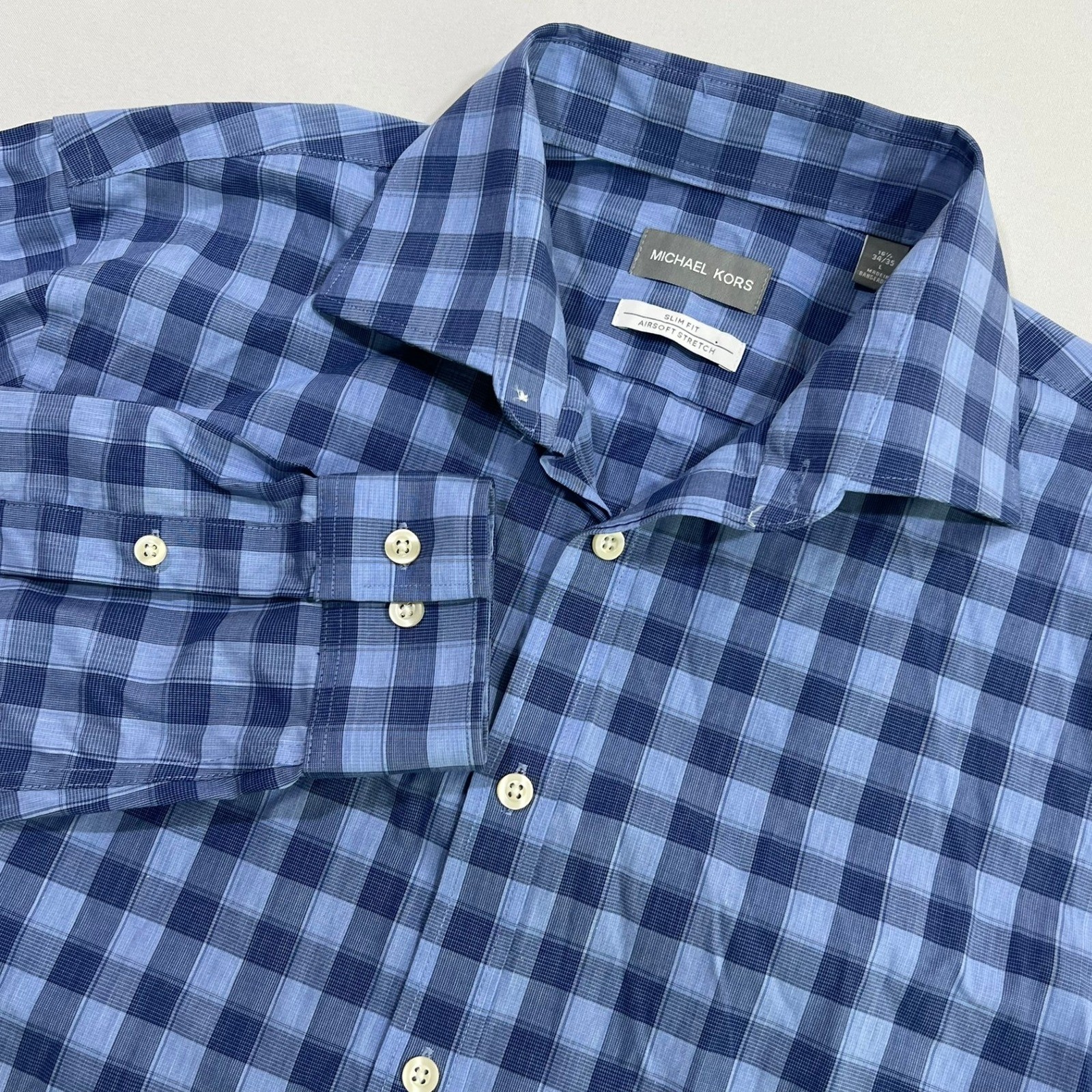 Michael Kors Shirt Slim Fit Airsoft Stretch Gingham Blue Mens L 16.5 34/35