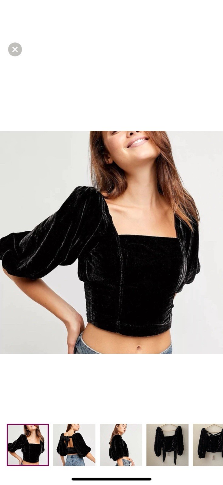 Free People Marie Black Velvet Puff Sleeve Tie Back Crop Top Sample Piece XS