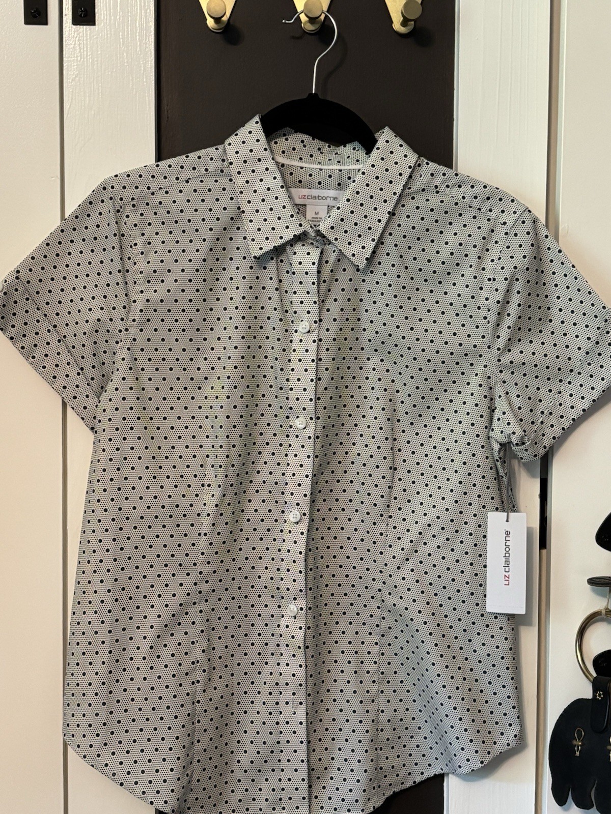 Liz Claiborne Women’s White Black Polka Dot Collared Button-Up Blouse M