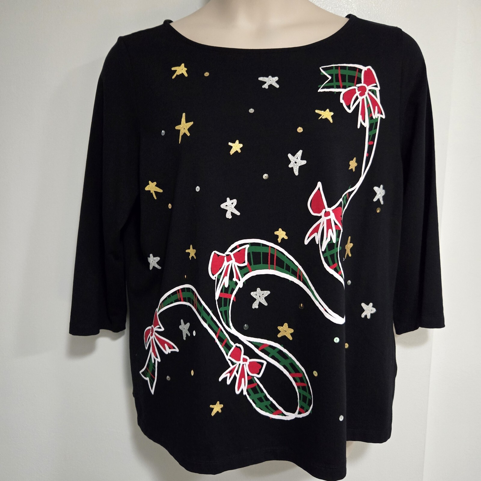 Ruby Rd. Plus Size 1X Black Holiday Ribbon Bows Stars Top