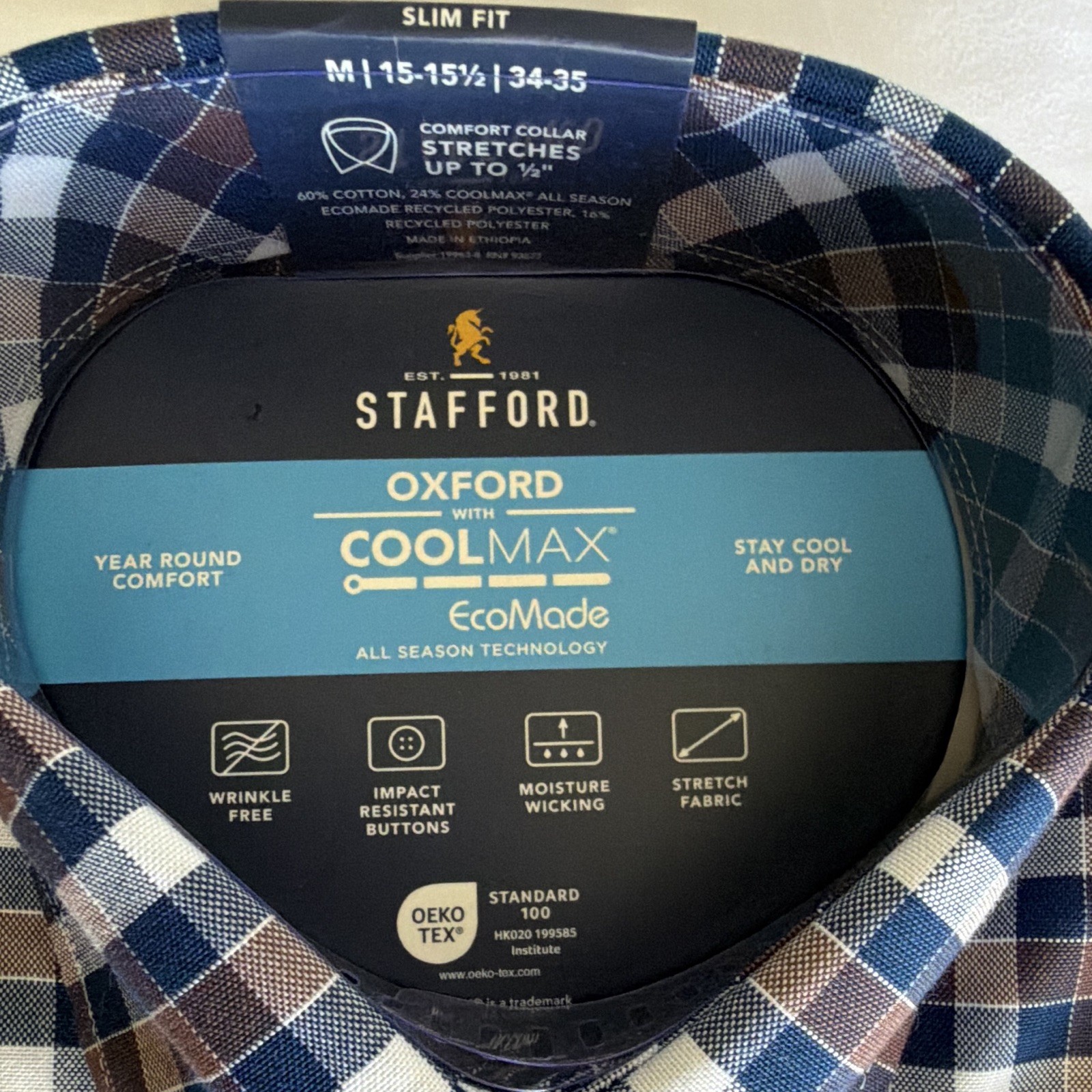 Stafford Oxford CoolMax EcoMade Slim Plaid Dress Shirt Blue/Brown 15-15.5 34-35