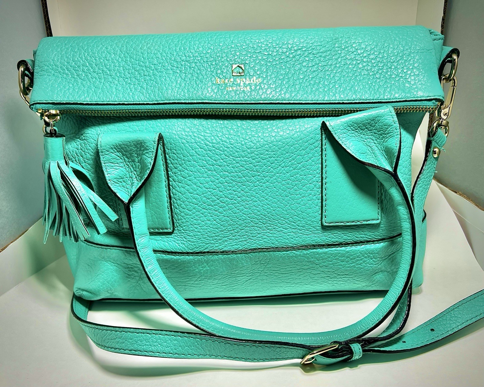kate spade new york Turquoise Pebbled Satchel, Zip Tassel, Detachable Strap