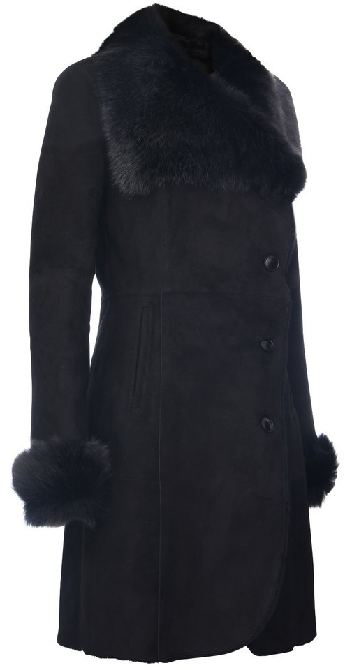 Ladies Warm Black Suede Merino Shearling Sheepskin Coat with Toscana Collar