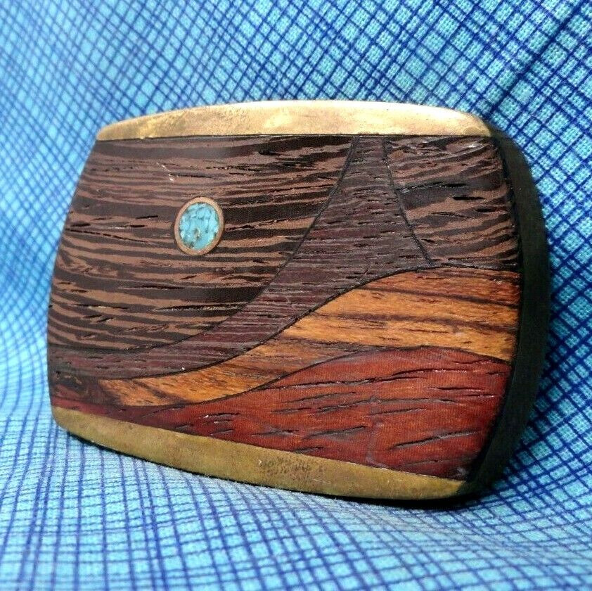 Exotic Wood Stone Brass Inlay Landscape Art Dress Belt Buckle Vtg 70’s DS.DBD473