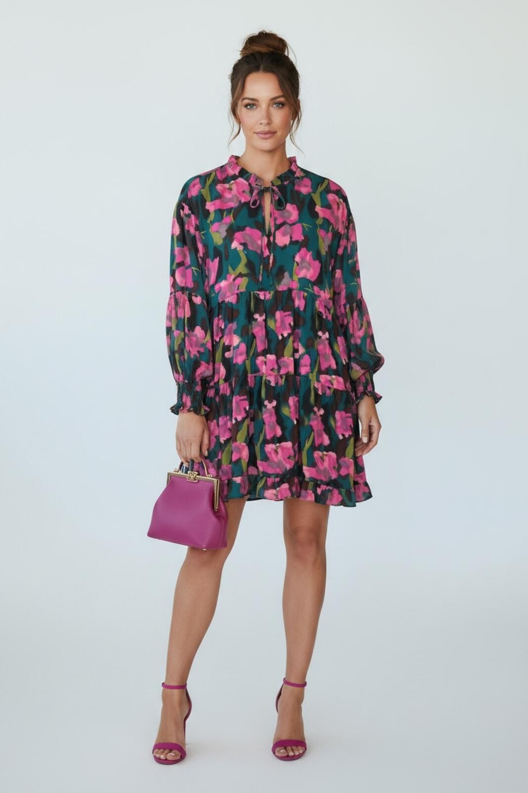 Jodifl Chasing Dreams Floral Tiered Chiffon Mini Dress Teal Pink, Size Medium