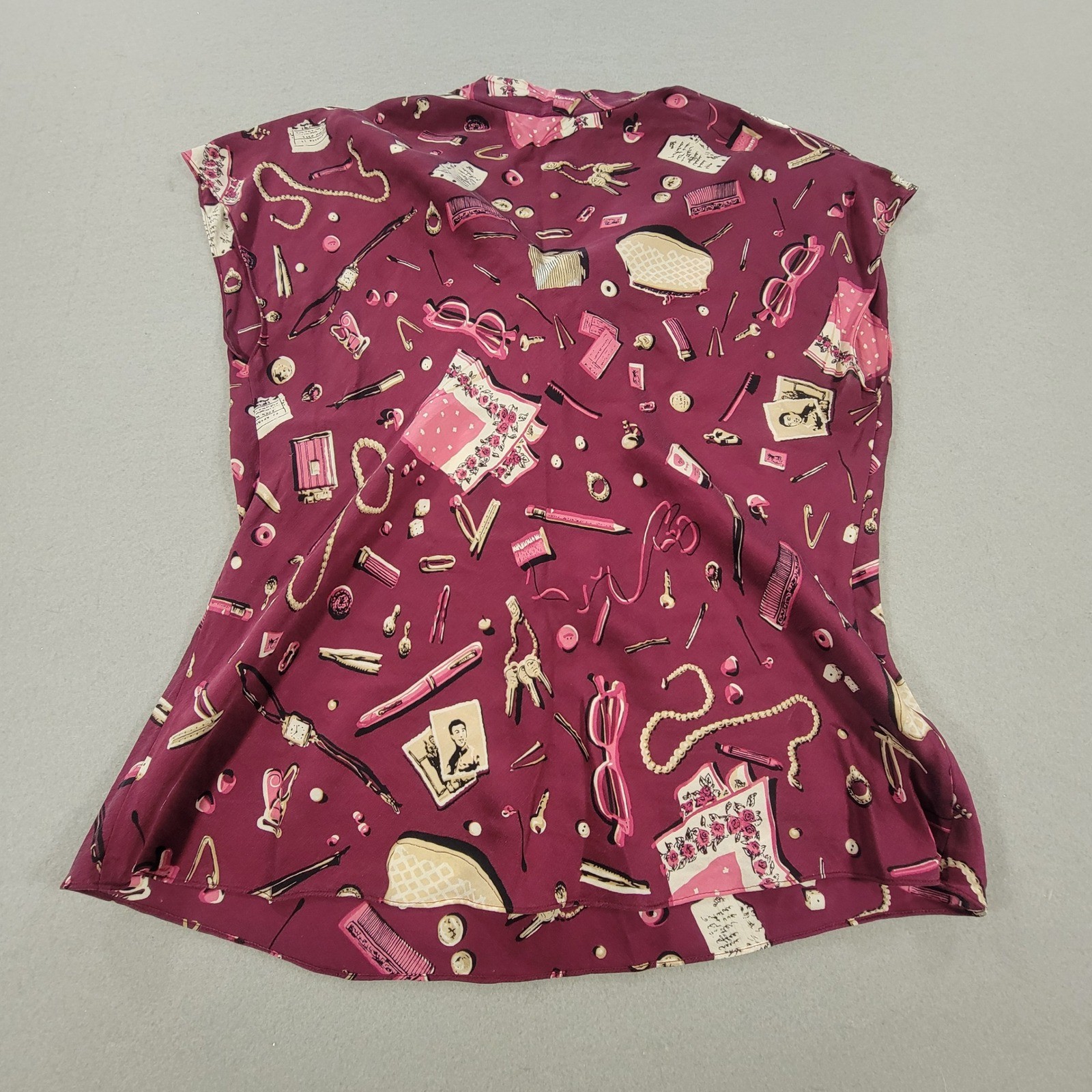 Talbots Silk Novelty Print Tie Neck Blouse Burgundy Pink Petite Top Women’s 12P